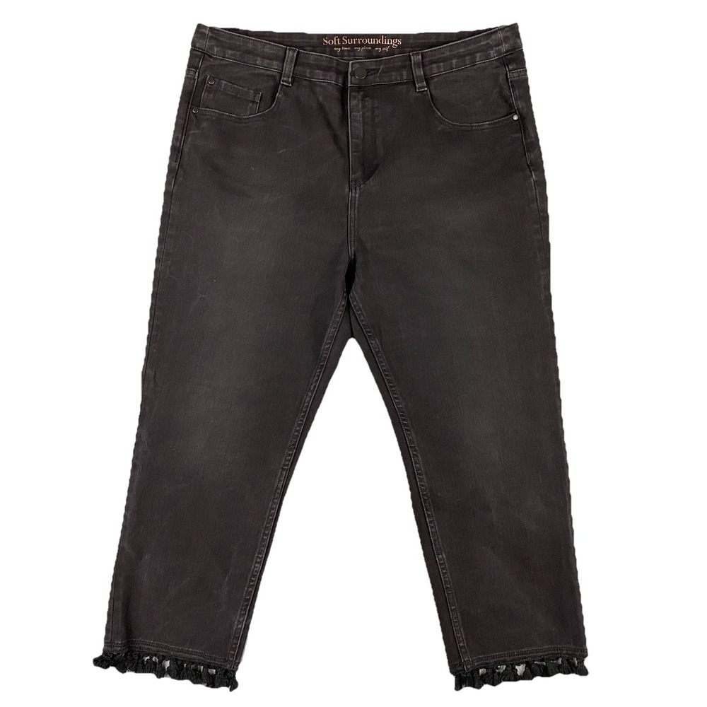 Soft Surroundings 3AL55 Tassel Fringe Hem Cropped‎ Jeans Womens 14P Faded Black
